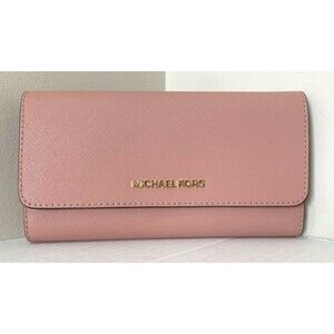 New Michael Kors Jet Set Travel Large Trifold Wallet Leather Sunset Rose